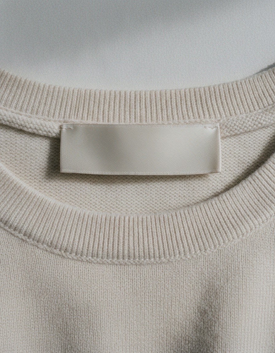Macro detail of a blank woven label at the center back neck.