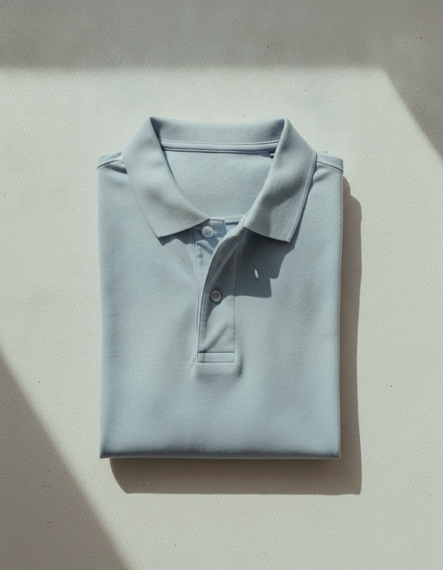 Overhead flat lay of a folded unbranded cotton polo shirt.