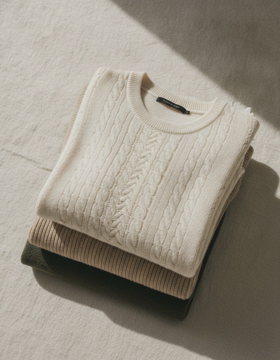 Overhead flat lay of three folded merino knit sweaters.