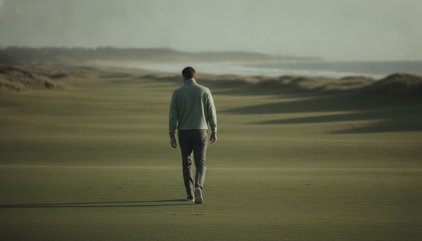 A man walking away across a coastal links fairway at golden hour, wearing an unbranded sage quarter-zip and tailored trousers.