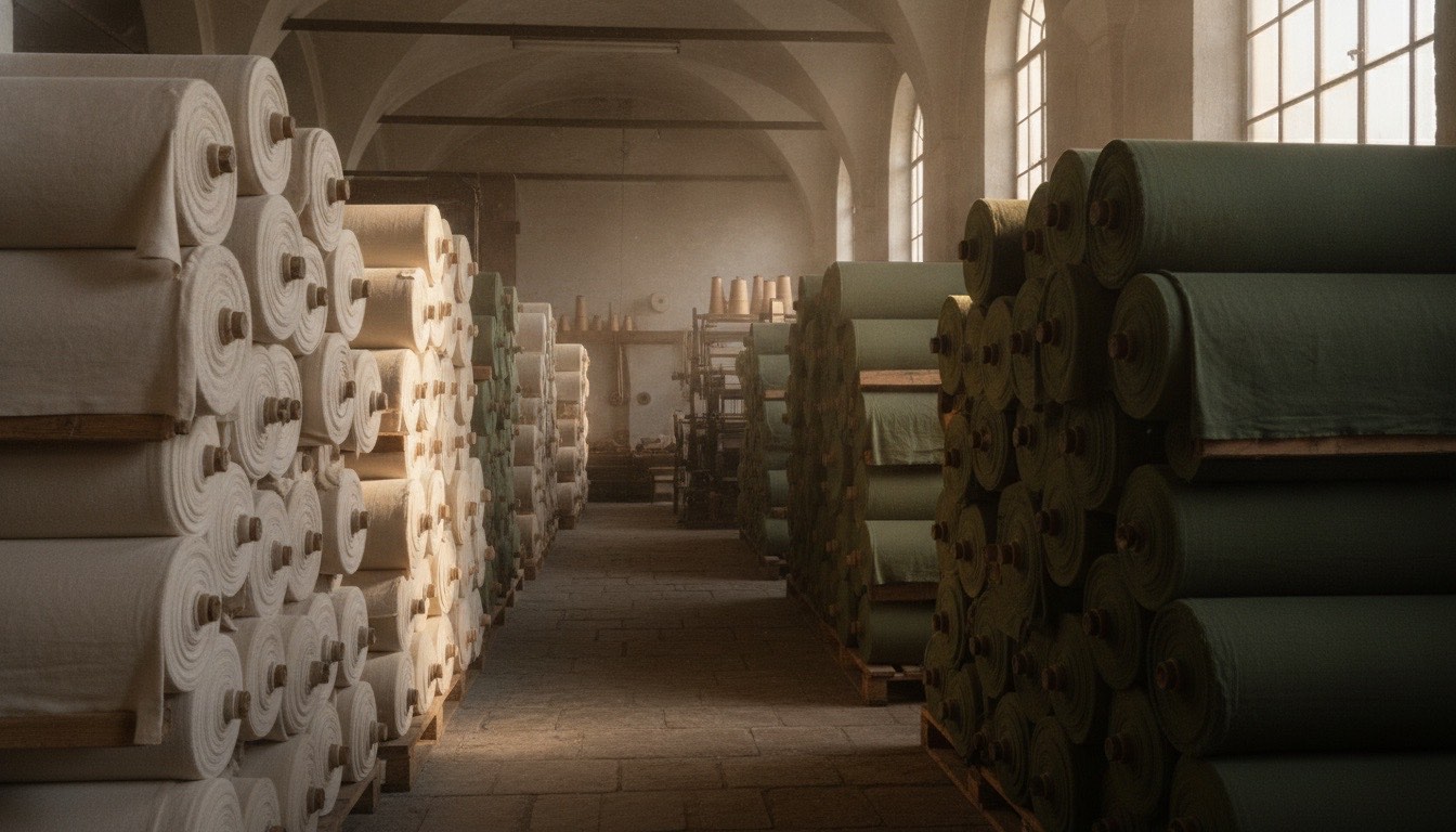 Rolls of undyed and olive fabric stacked in a mill.