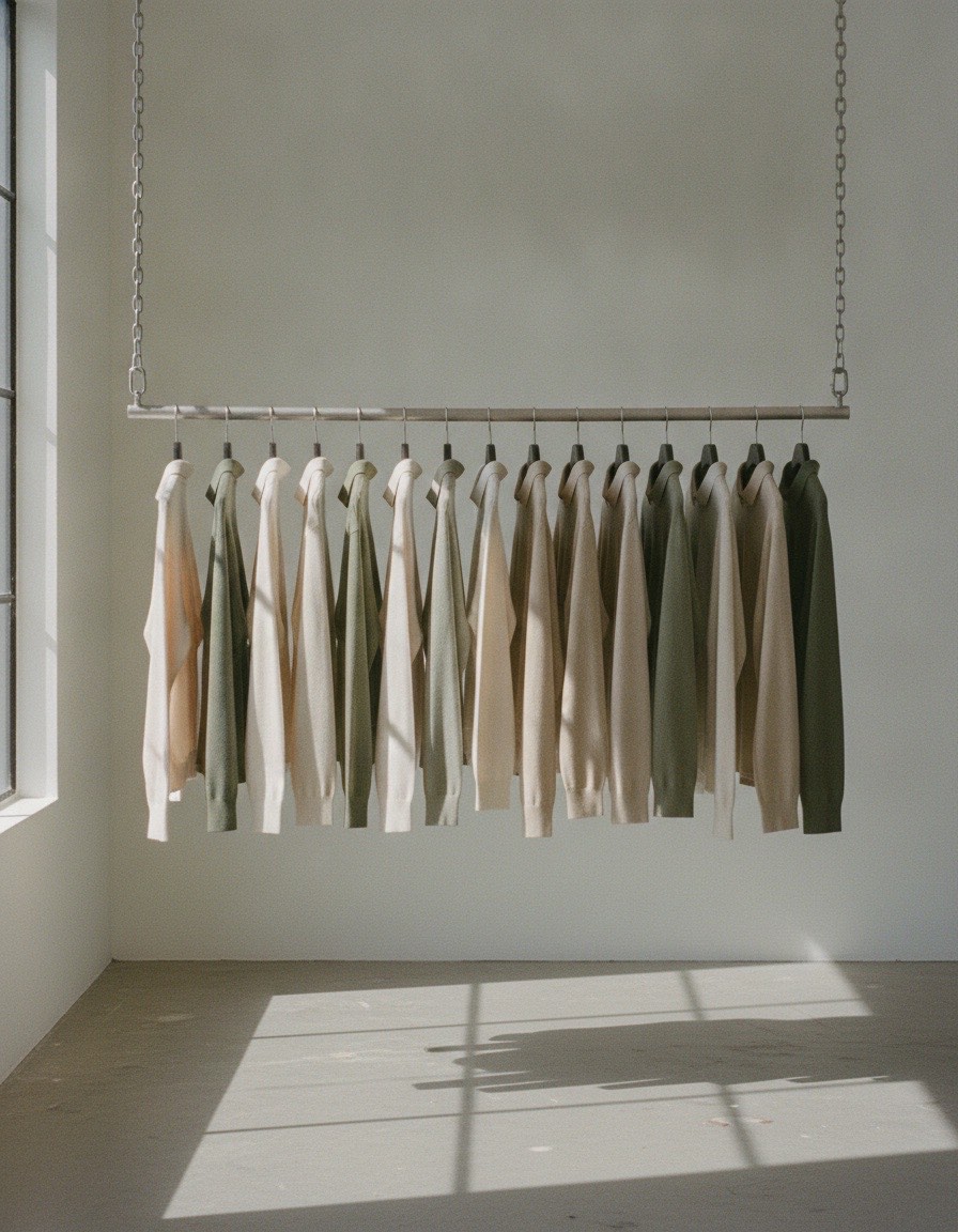 A metal garment rail of unbranded menswear in cream, olive and stone.